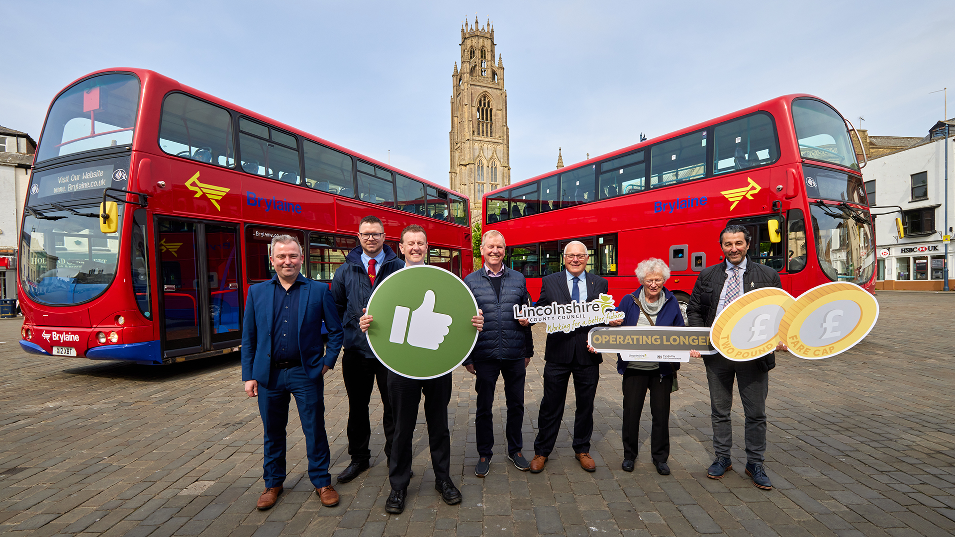 Image - from left to right:  
  
David Walker: Brylaine operations controller 
Michael Short: bus driver 
Ben Spencer: Bus driver 
Councillor Mike Brookes 
Councillor Paul Skinner 
Councillor Alison Austin 
Councillor Anto Dani
