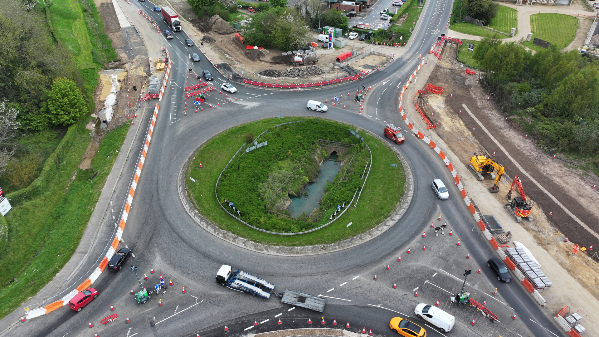 An overhead view of the roundabout in April 2024