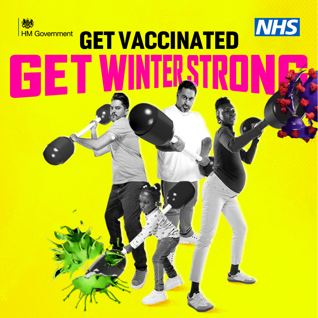 Get vaccinated, get winter strong with two men, a woman and a child holding barbells. NHS logo in the right hand corner