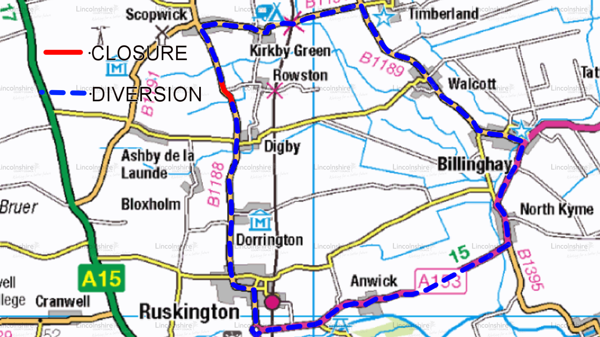Diversion route b1188 Rowston