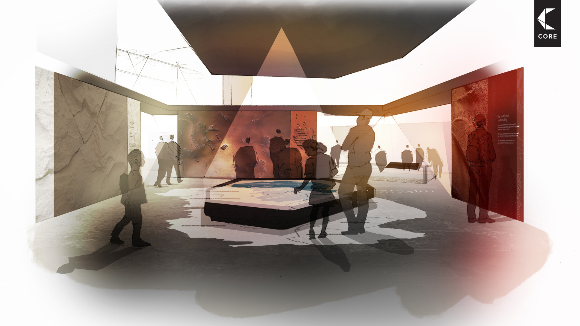 Artist sketch of a new museum environment with models interacting with the exhibits