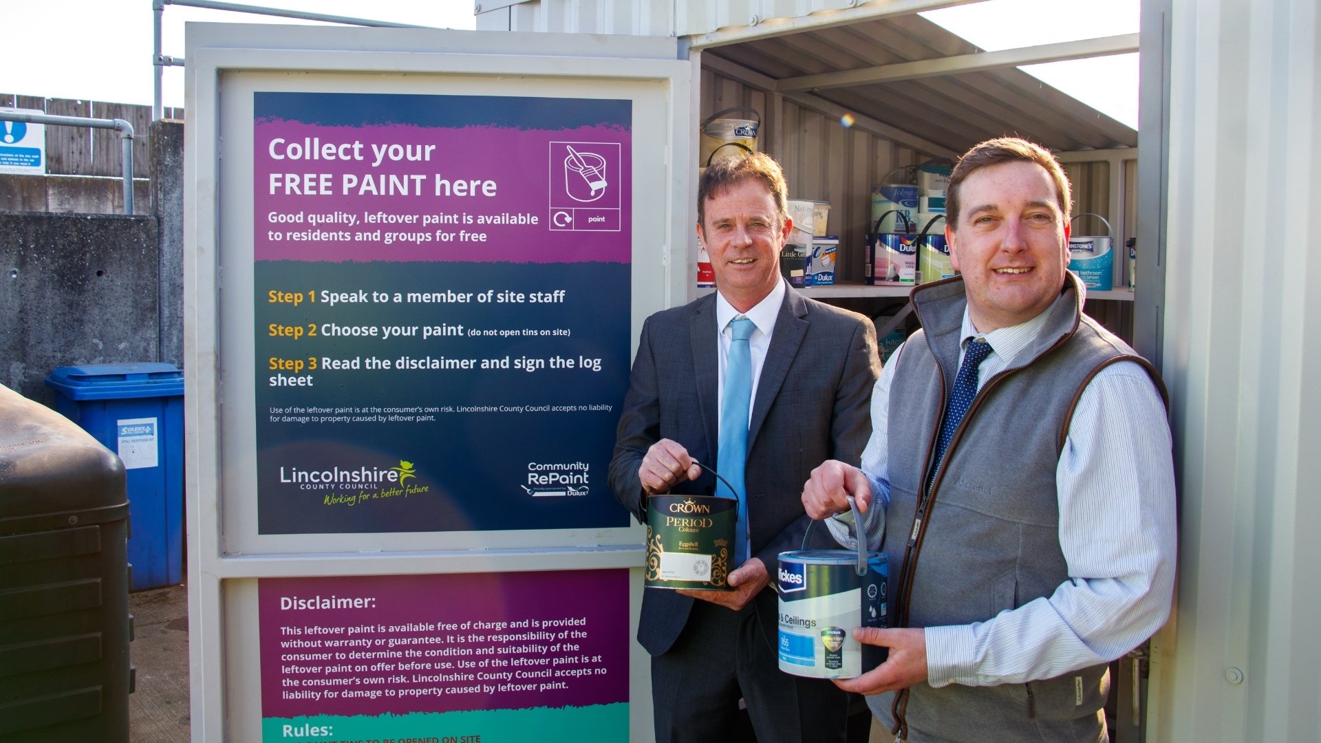 Cllr Daniel McNally, executive councillor for waste at Lincolnshire County Council, and Cllr Alex Hall, county councillor for Louth North, officially open the free community paint store at Louth Household Waste Recycling Centre