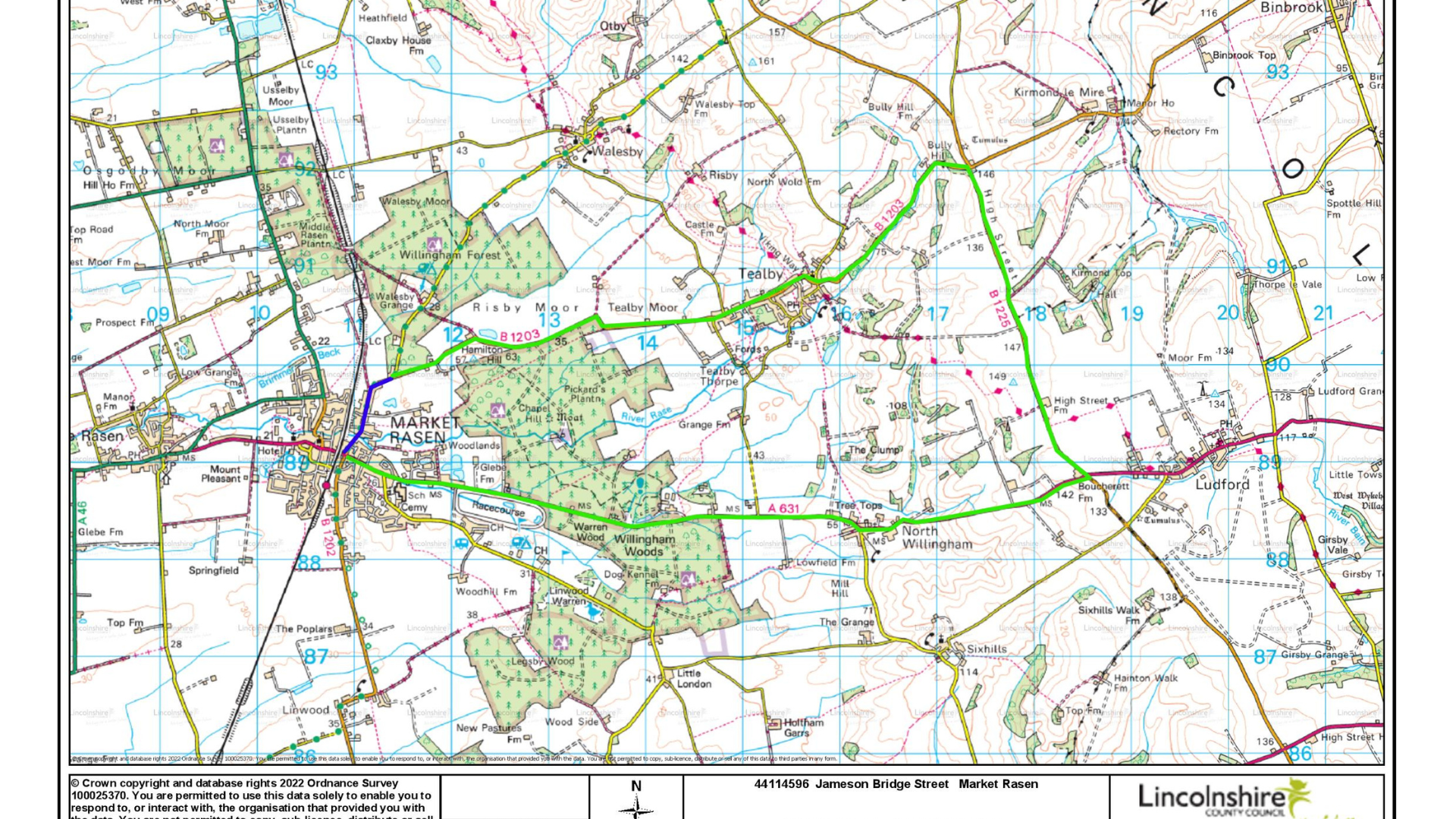 A road map of Market Rasen, Lincolnshire area