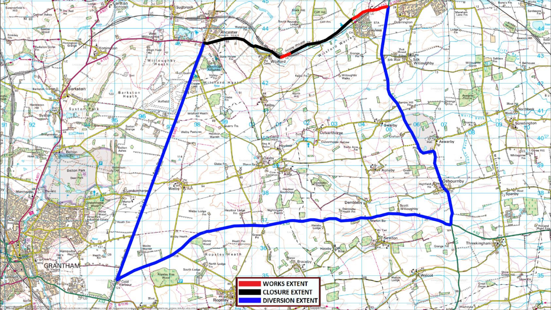 A map showing the diversion route for A153 Rauceby Level Crossing