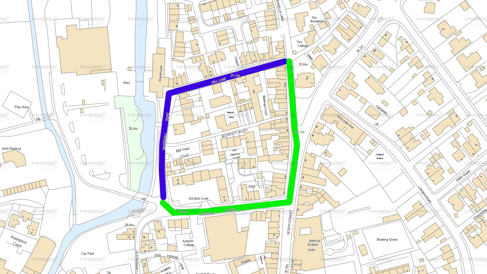 A map of the diversion route for Watermill Road and Mill Lane in Horncastle