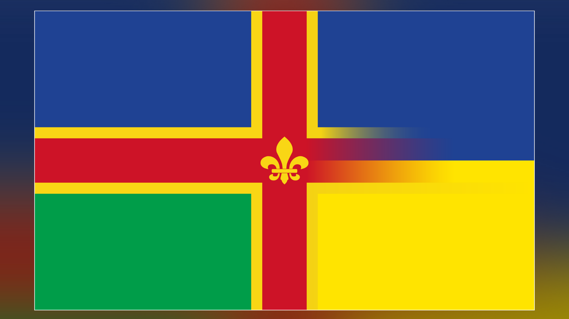 A flag with a red cross in the centre followed by a yellow cross and a yellow fleur de lis in the middle. The four segments of the cross feature, top right is blue, bottom right yellow, bottom left green and top left blue.