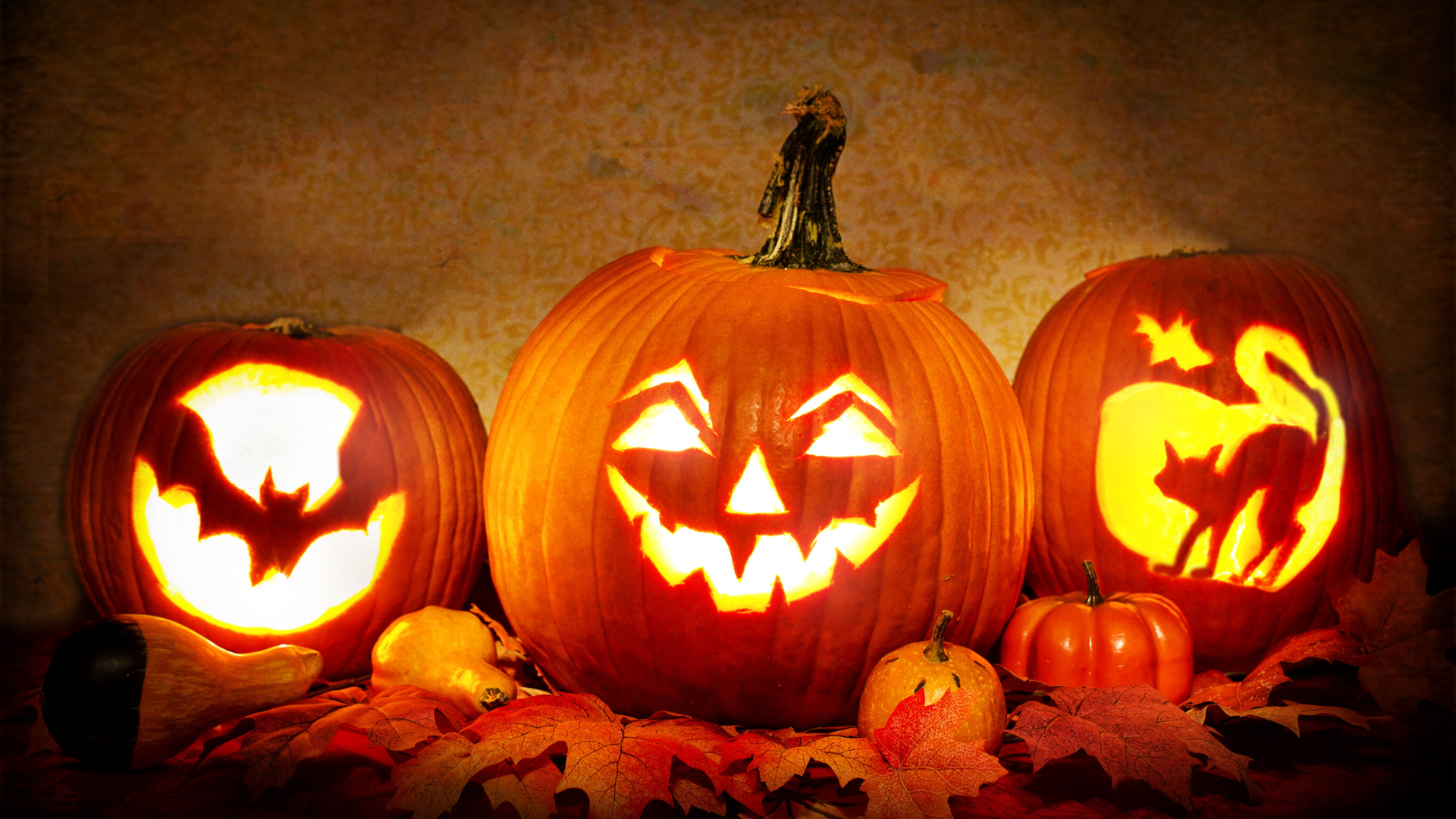 Three carved pumpkins