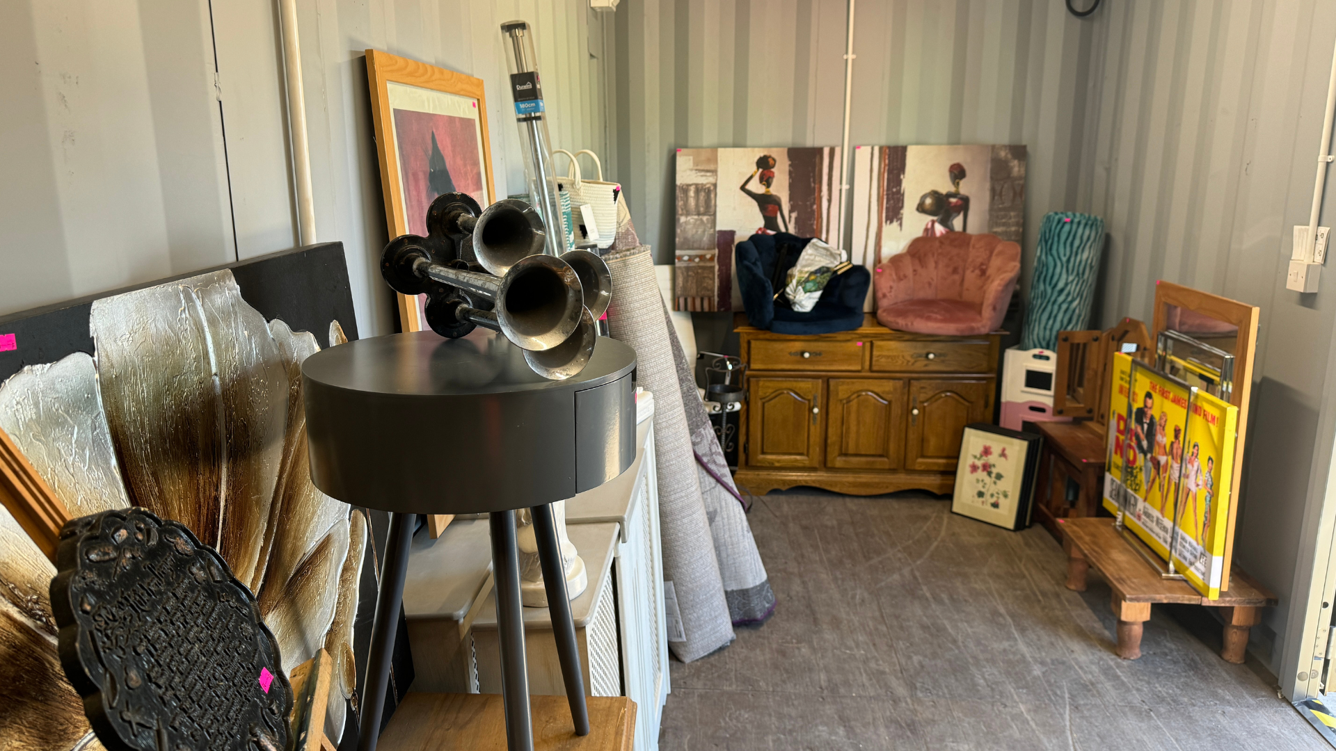 A second hand shop with household items displayed