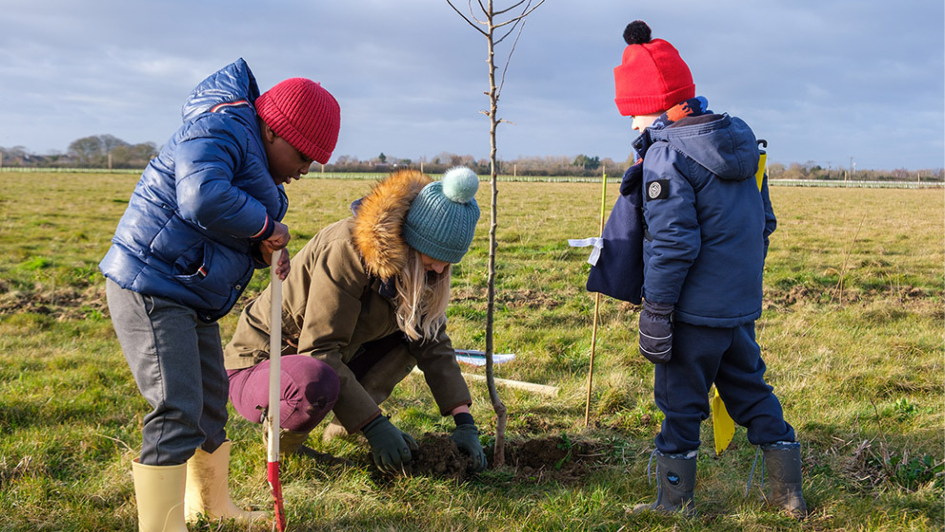 Two young children helping a woman plant a new tree in a field.