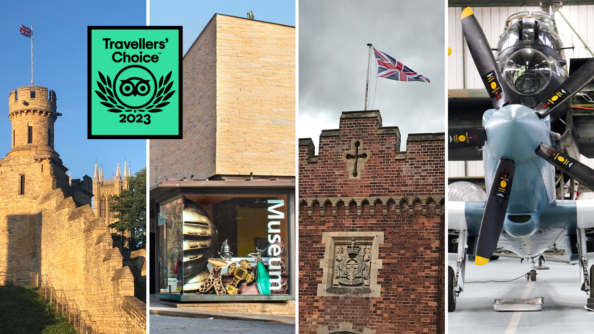 a collage of four photo of heritage sites with the Tripadvisor laurel leaves logo. A castle, a museum, an army barrack and a plane