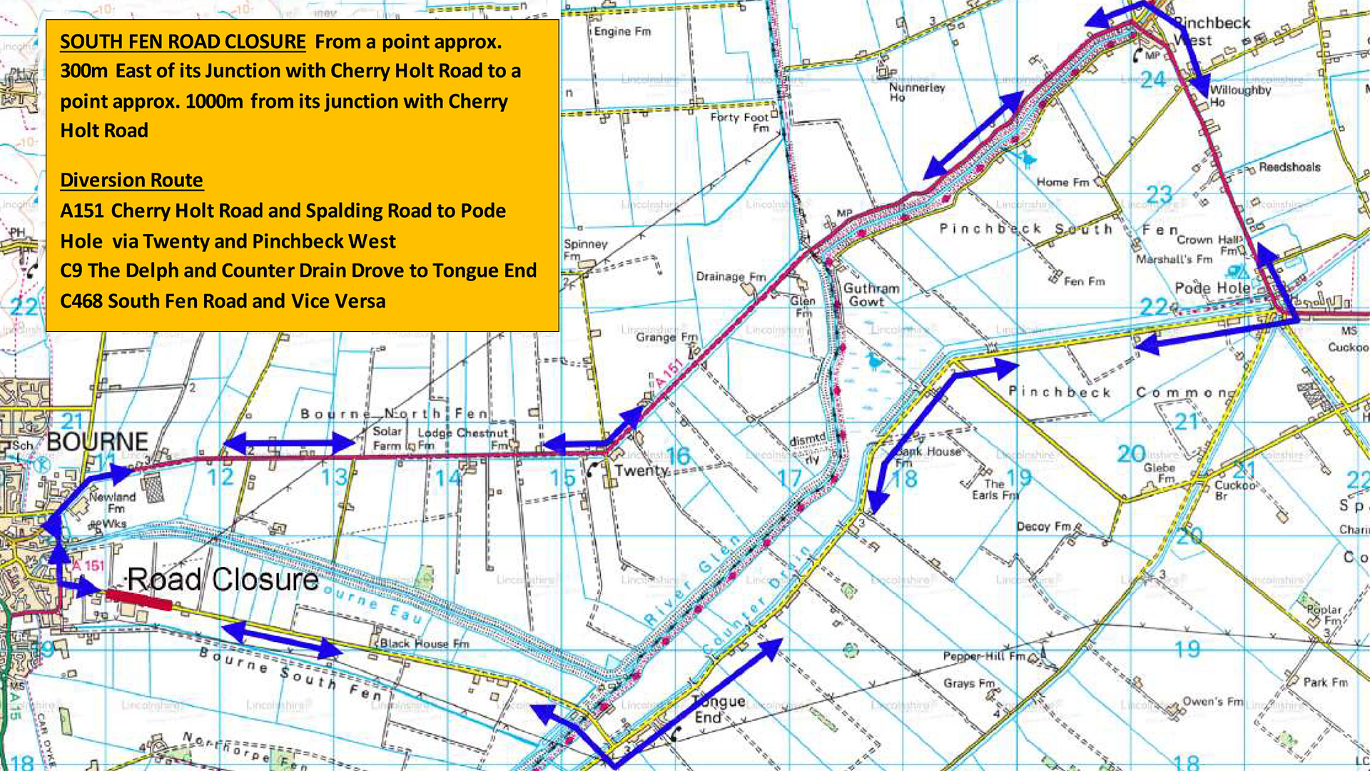 South Fen road Bourne Road closure diversion route plan